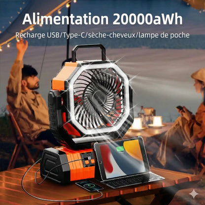 Ventilateur de Camping Rechargeable + LED 6000K – IP65 – 20 000 mAh (USB/Solaire)