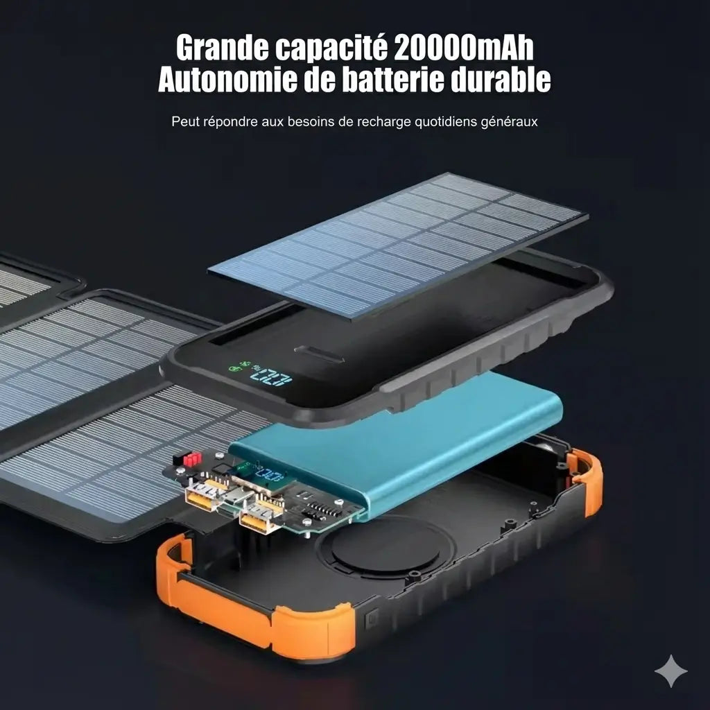 Batterie Externe Solaire 20 000 mAh – 4 Panneaux Pliables