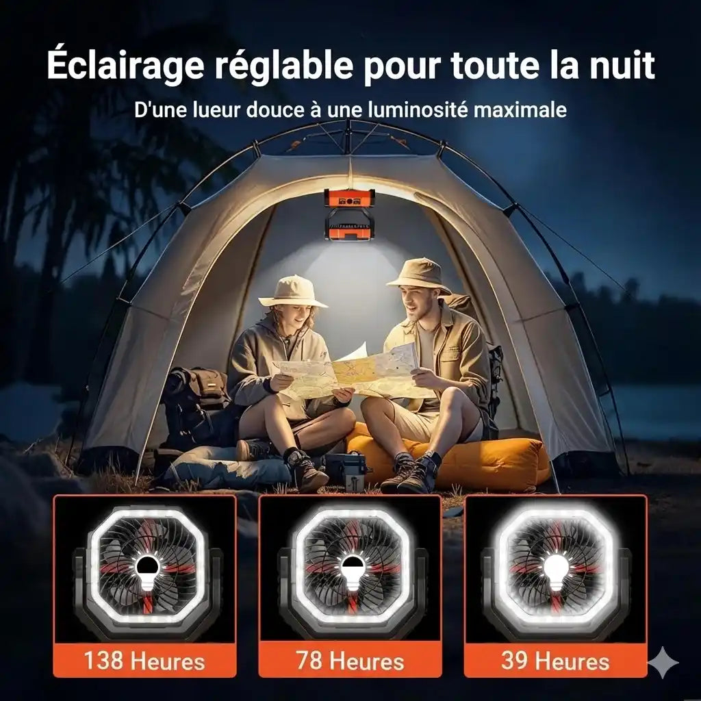 Ventilateur de Camping Rechargeable + LED 6000K – IP65 – 20 000 mAh (USB/Solaire)