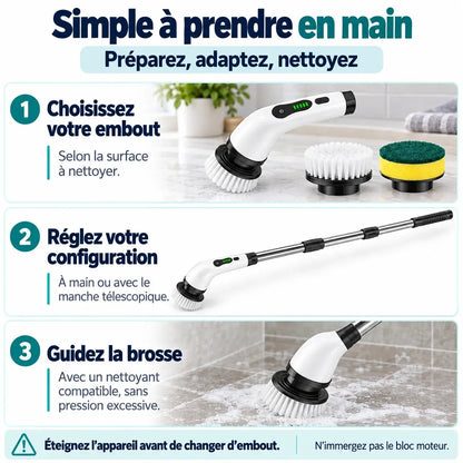 Brosse électrique rotative rechargeable – 2 vitesses et manche télescopique