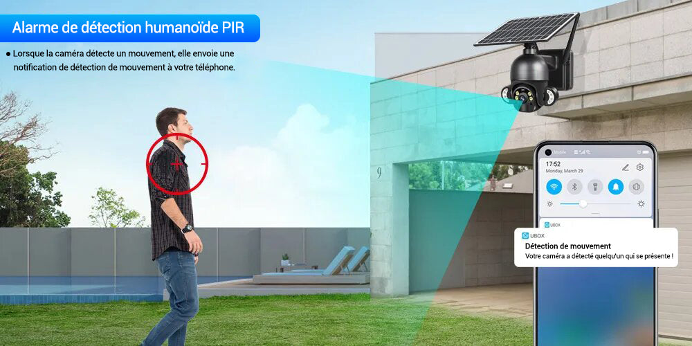 Caméra de sécurité solaire lumineuse PTZ 3MP compatible avec vodafone