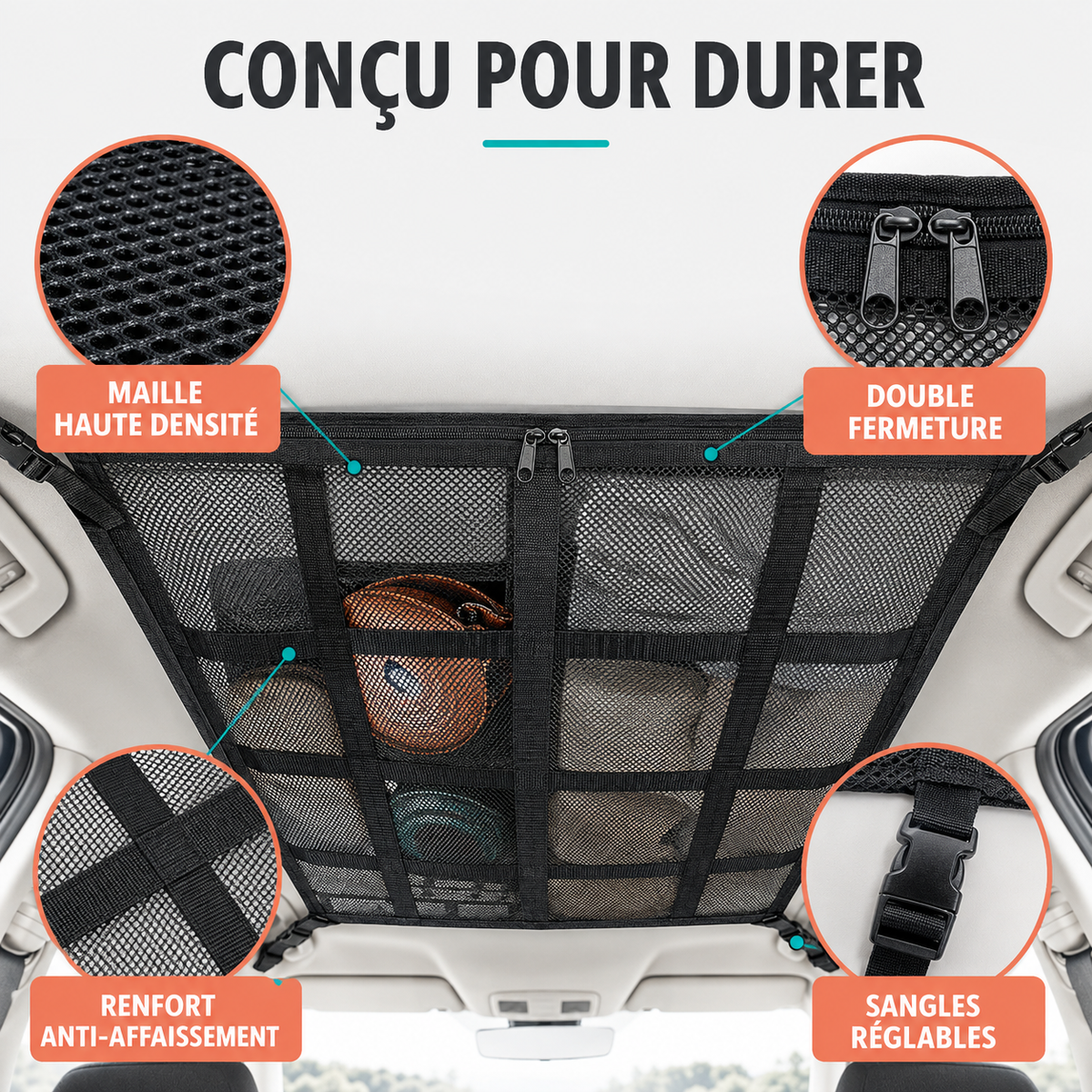 Détails techniques du filet : maille, fermetures et sangles