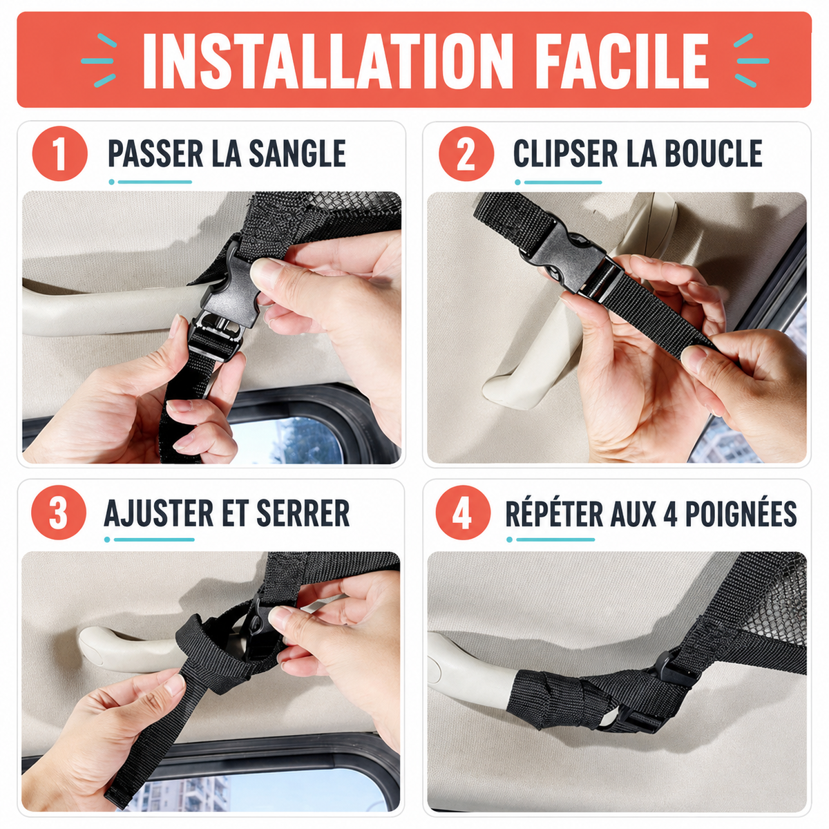 Installation du filet de rangement sur quatre poignées