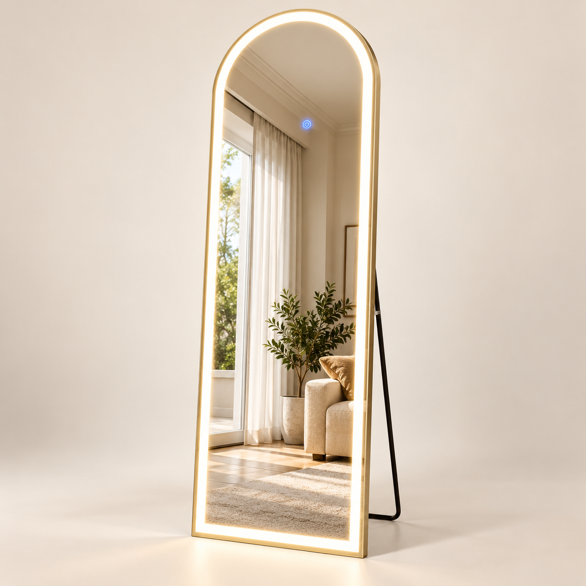 Miroir LED arqué doré 170 × 70 cm sur pied