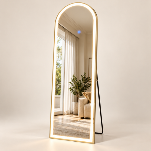 Miroir LED arqué doré 170 × 70 cm sur pied