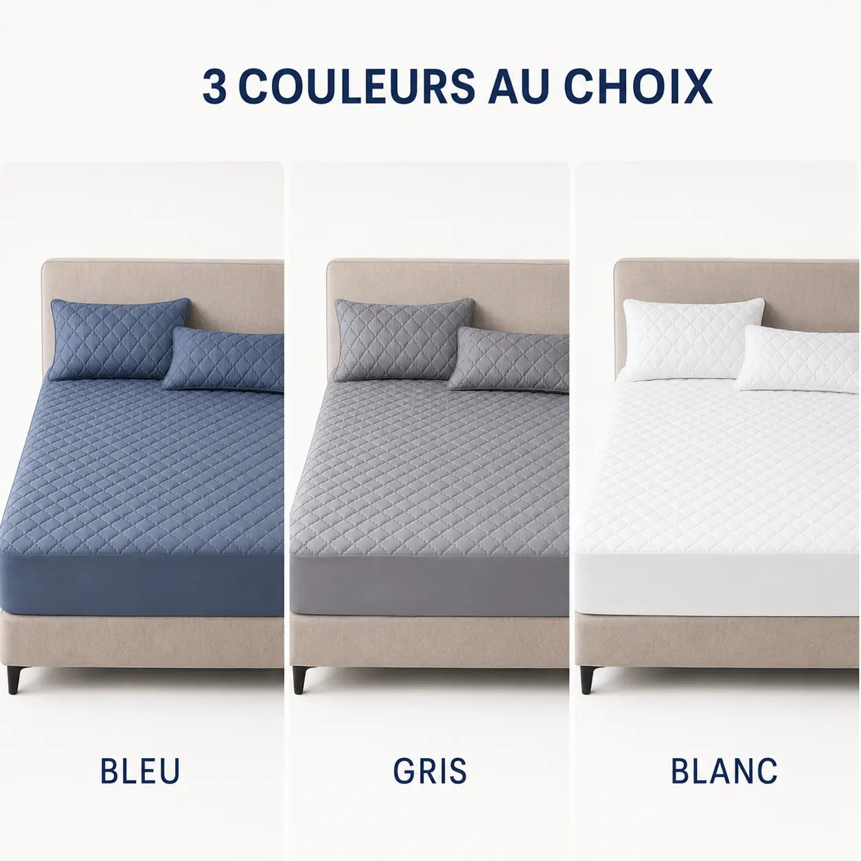 Trois couleurs de protège-matelas : bleu, gris et blanc