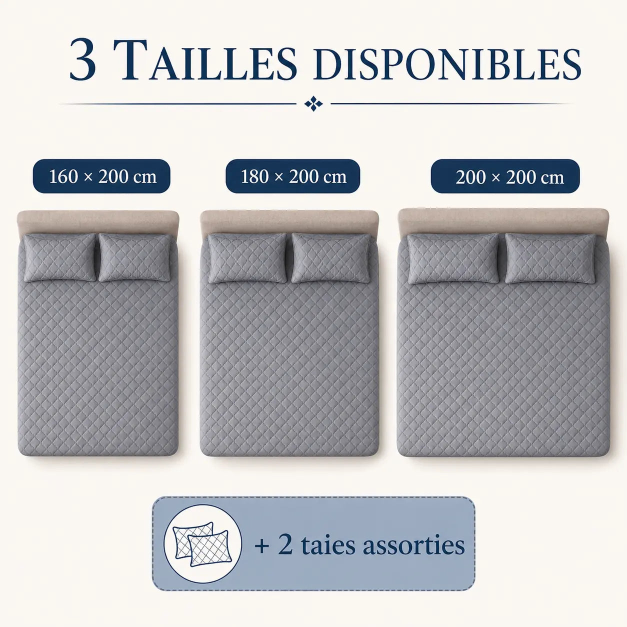 Guide des tailles 160 x 200, 180 x 200 et 200 x 200 cm avec deux taies assorties