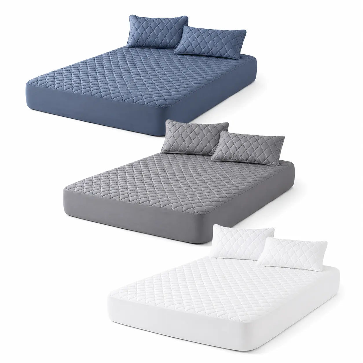 Protège-matelas imperméable matelassé en bleu, gris et blanc avec deux taies assorties