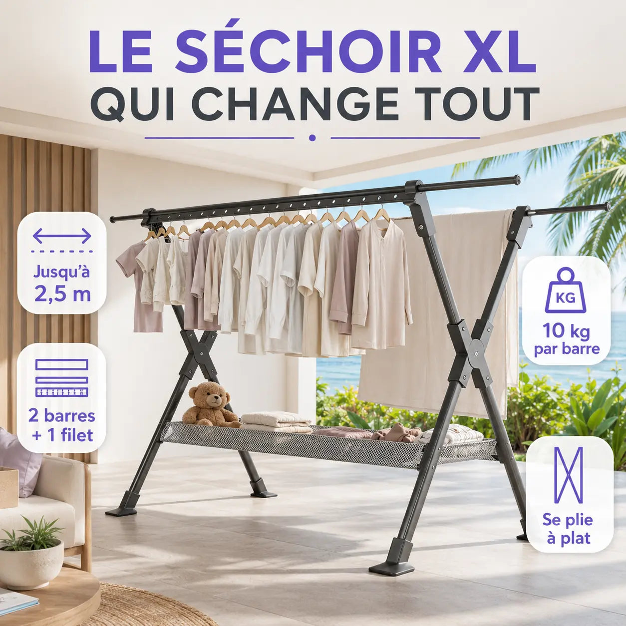 Avantages du séchoir XL : 2,5 m, deux barres, un filet et 10 kg par barre