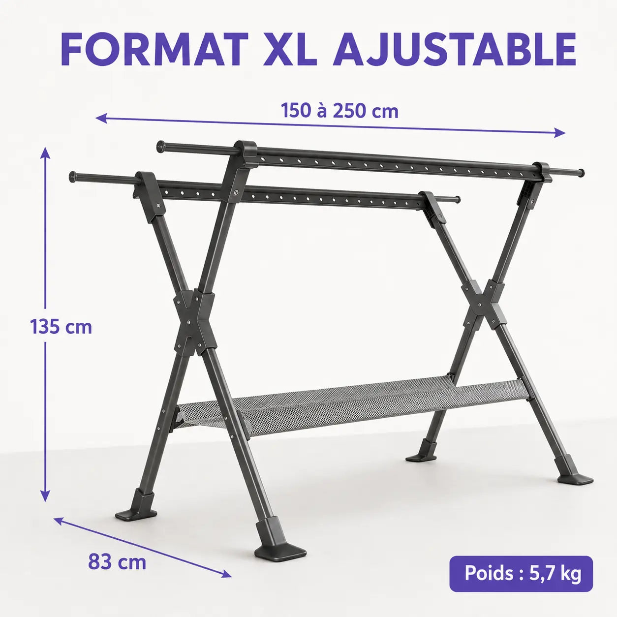 Dimensions du séchoir XL : 150 à 250 cm par 135 cm par 83 cm