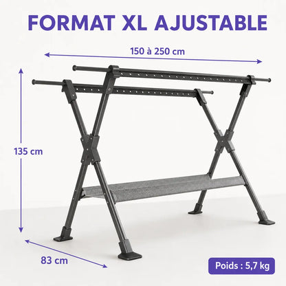 Dimensions du séchoir XL : 150 à 250 cm par 135 cm par 83 cm