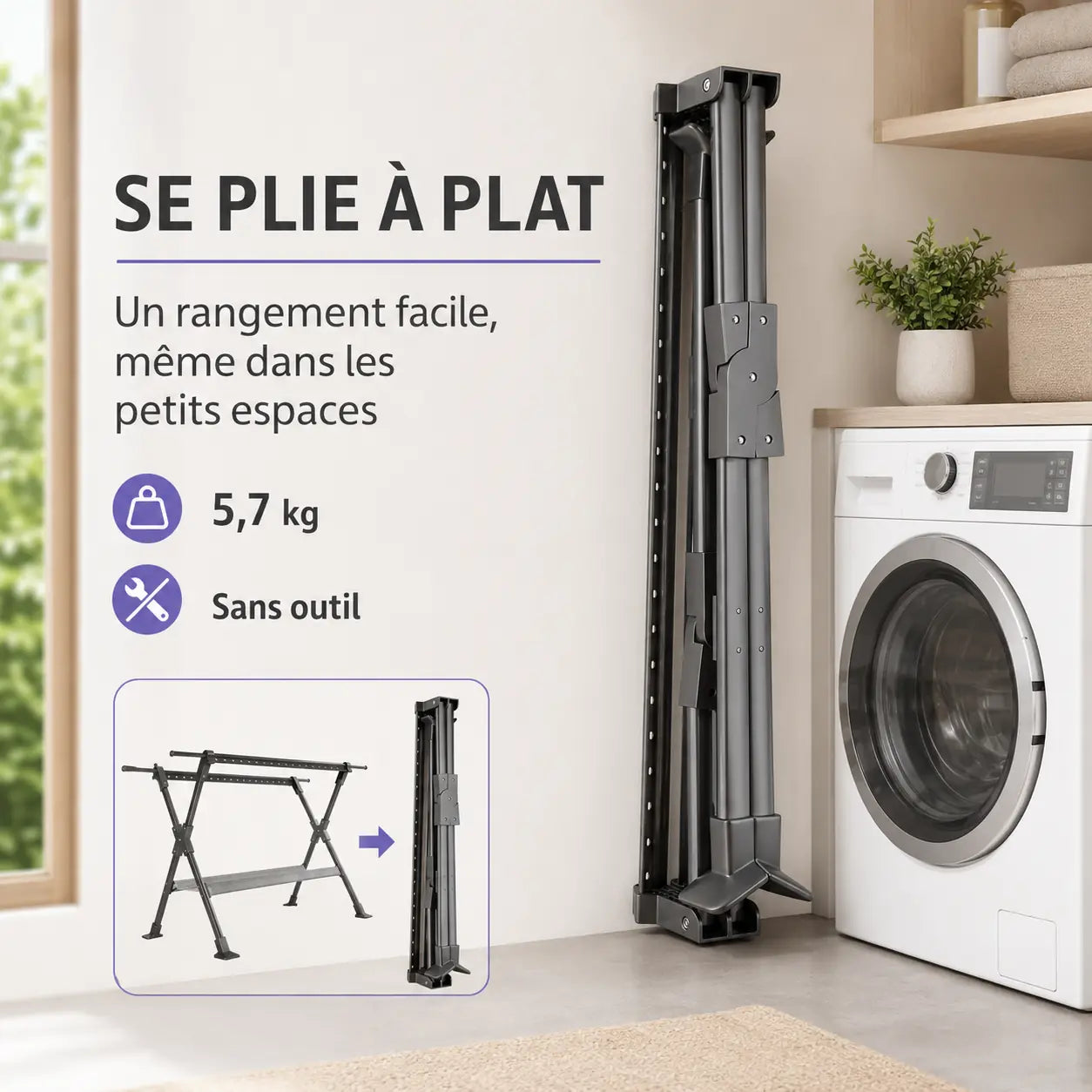 Séchoir XL plié à plat pour un rangement facile