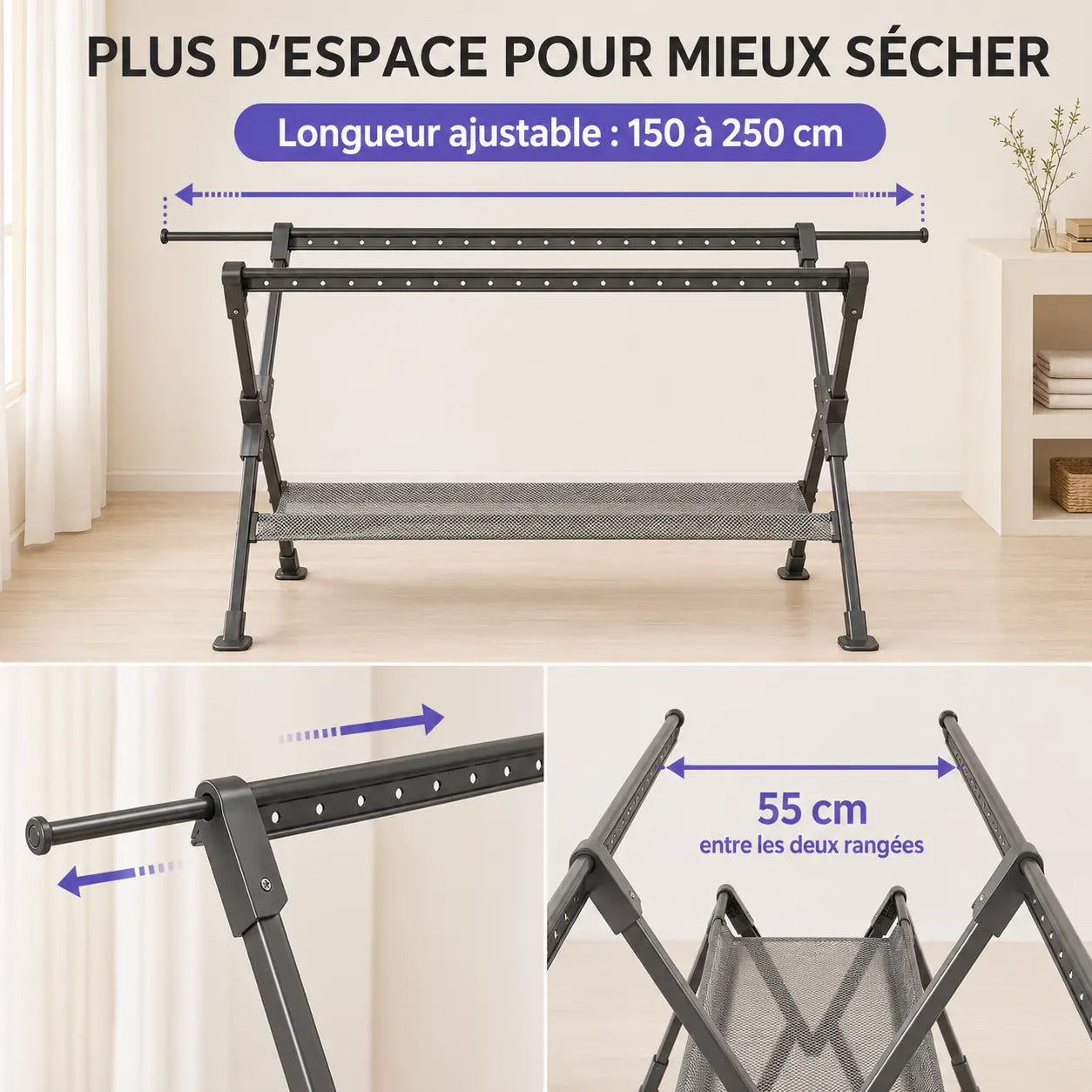 Barres télescopiques du séchoir XL et espacement de 55 cm